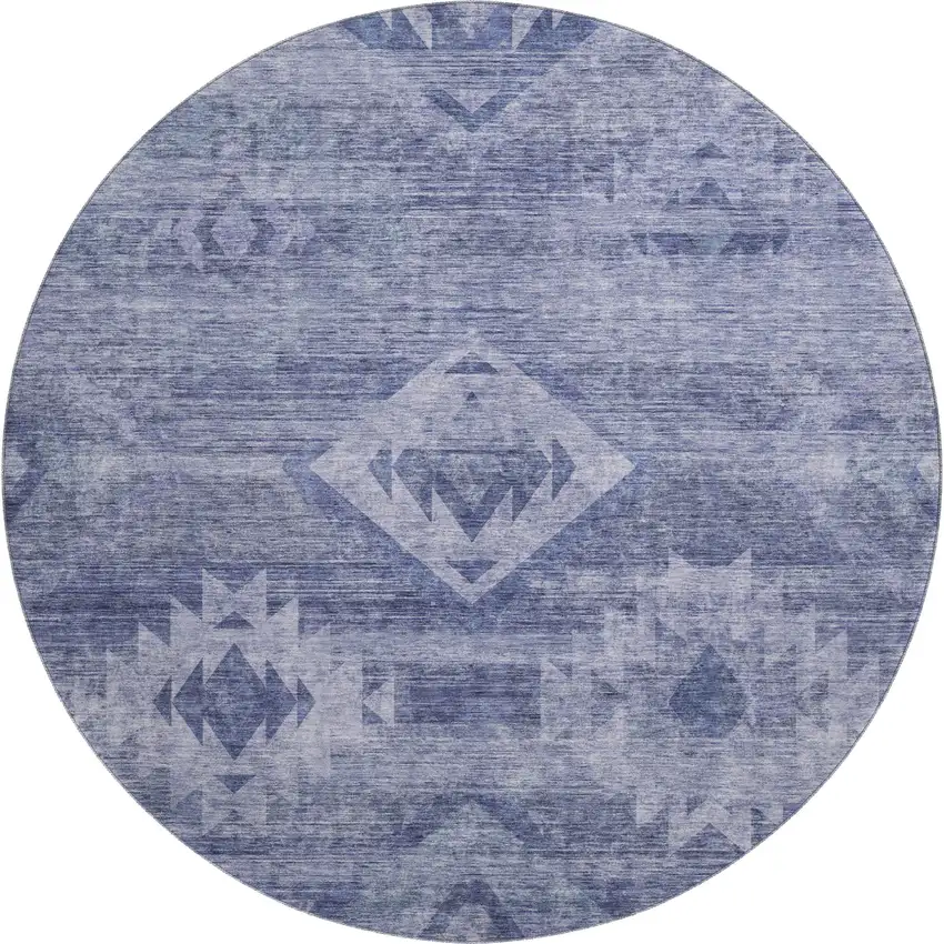 8' Navy Blue And Ivory Southwestern Washable Round Rug With UV Protection Photo 1