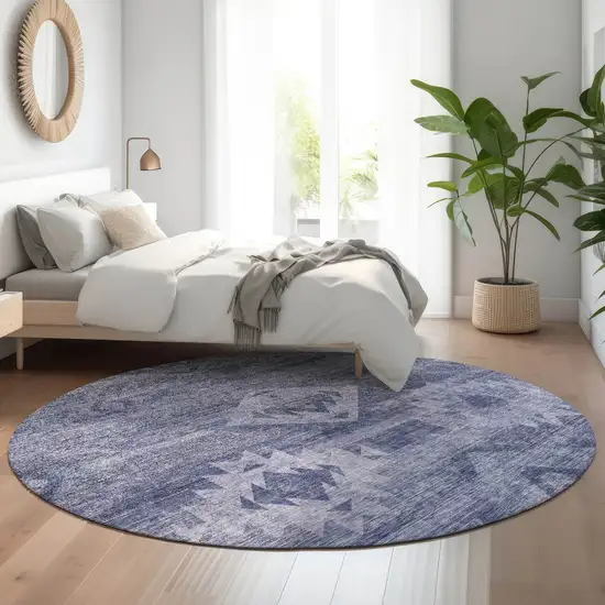 8' Navy Blue And Ivory Southwestern Washable Round Rug With UV Protection Photo 5