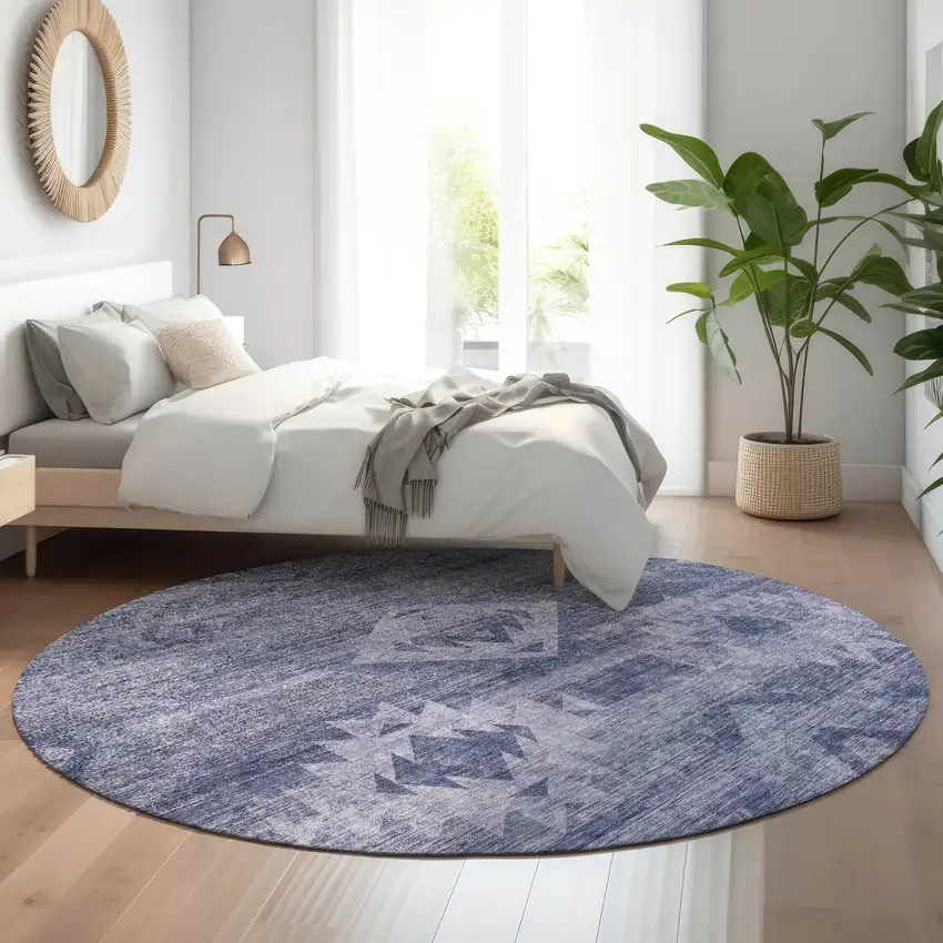 8' Navy Blue And Ivory Southwestern Washable Round Rug With UV Protection Photo 5