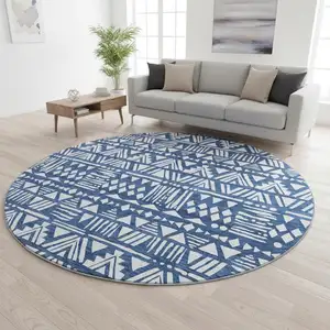 Photo of 8' Navy Blue And Ivory Southwestern Washable Round Rug With UV Protection
