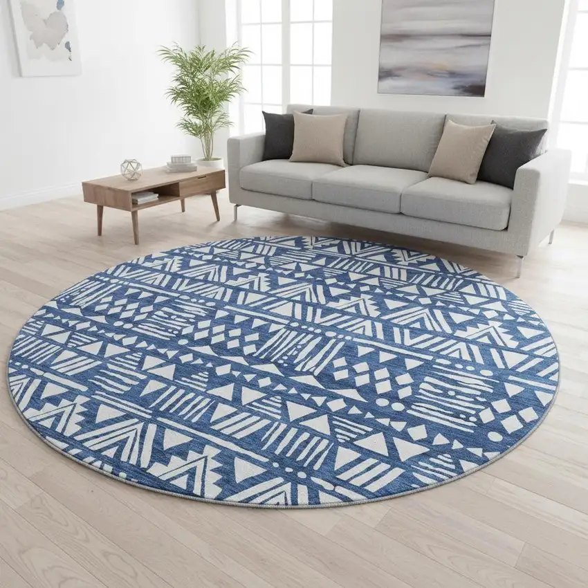 8' Navy Blue And Ivory Southwestern Washable Round Rug With UV Protection Photo 2