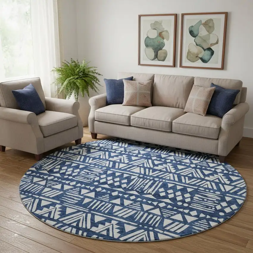 8' Navy Blue And Ivory Southwestern Washable Round Rug With UV Protection Photo 1