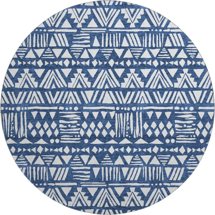 8' Navy Blue And Ivory Southwestern Washable Round Rug With UV Protection Photo 1