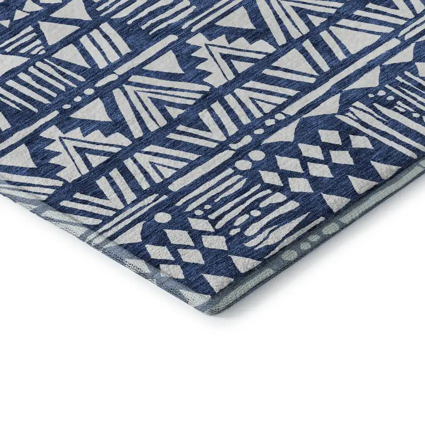 8' Navy Blue And Ivory Southwestern Washable Round Rug With UV Protection Photo 6