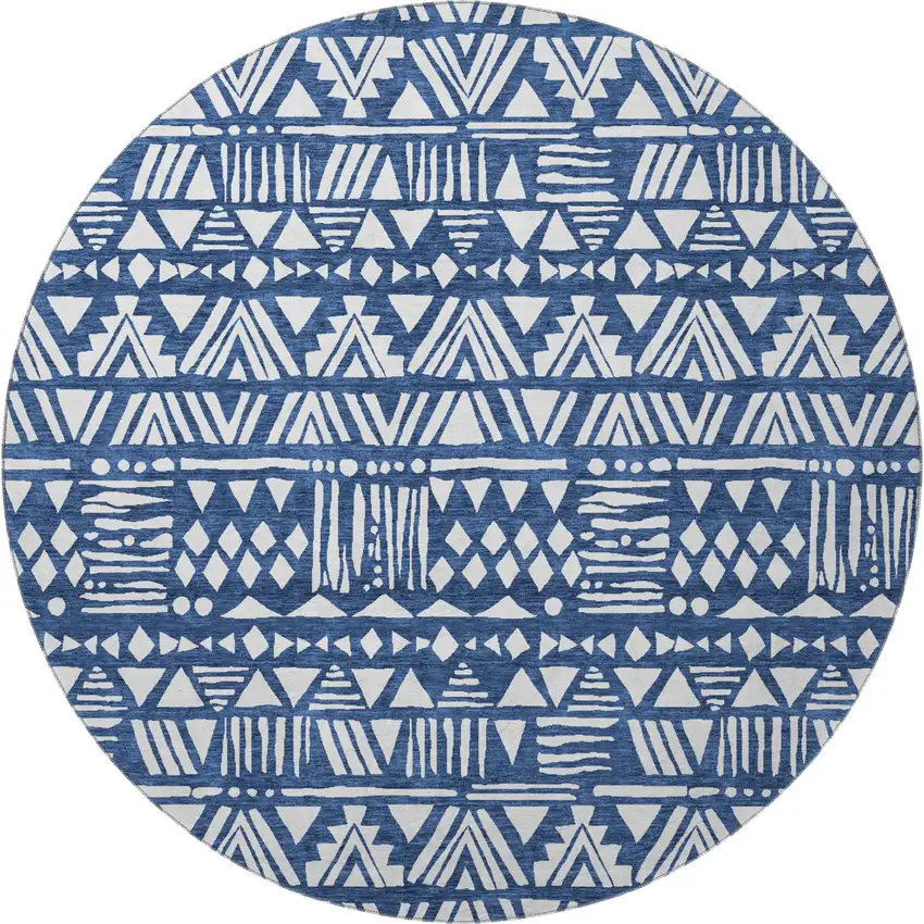 8' Navy Blue And Ivory Southwestern Washable Round Rug With UV Protection Photo 3