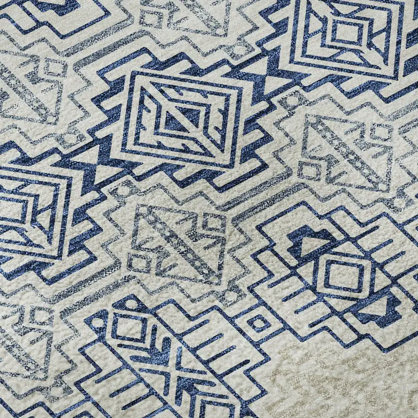 8' Navy Blue And Ivory Southwestern Washable Round Rug With UV Protection Photo 8