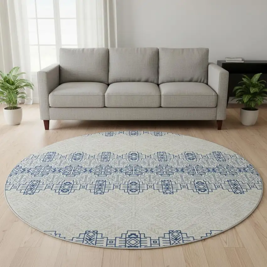 8' Navy Blue And Ivory Southwestern Washable Round Rug With UV Protection Photo 2