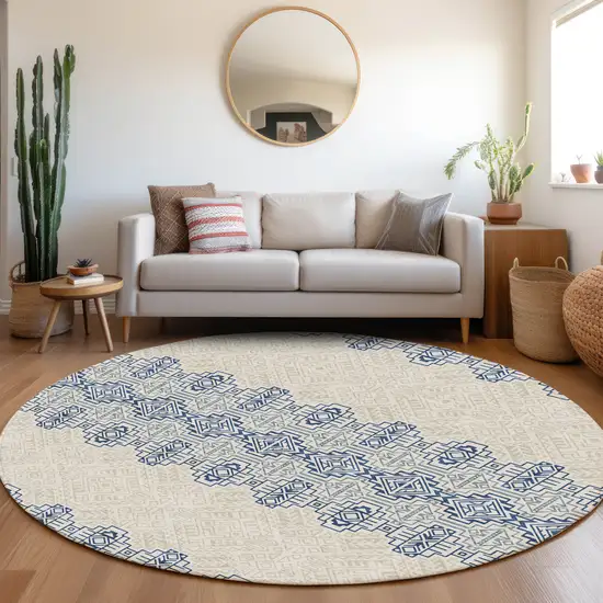 8' Navy Blue And Ivory Southwestern Washable Round Rug With UV Protection Photo 4
