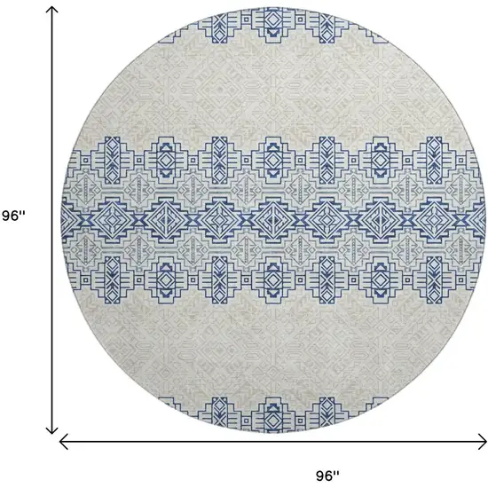 8' Navy Blue And Ivory Southwestern Washable Round Rug With UV Protection Photo 9