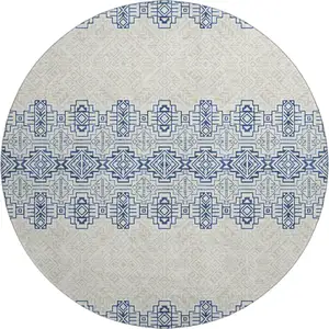 Photo of 8' Navy Blue And Ivory Southwestern Washable Round Rug With UV Protection