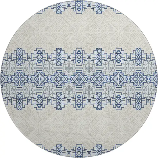 8' Navy Blue And Ivory Southwestern Washable Round Rug With UV Protection Photo 1