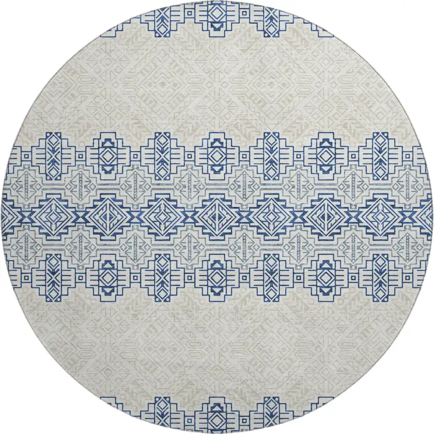 8' Navy Blue And Ivory Southwestern Washable Round Rug With UV Protection Photo 1