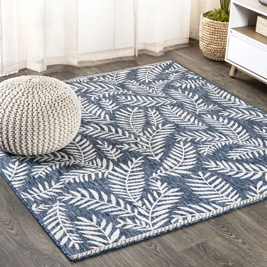 9' Navy Blue And Ivory Square Floral Indoor Outdoor Area Rug Photo 4