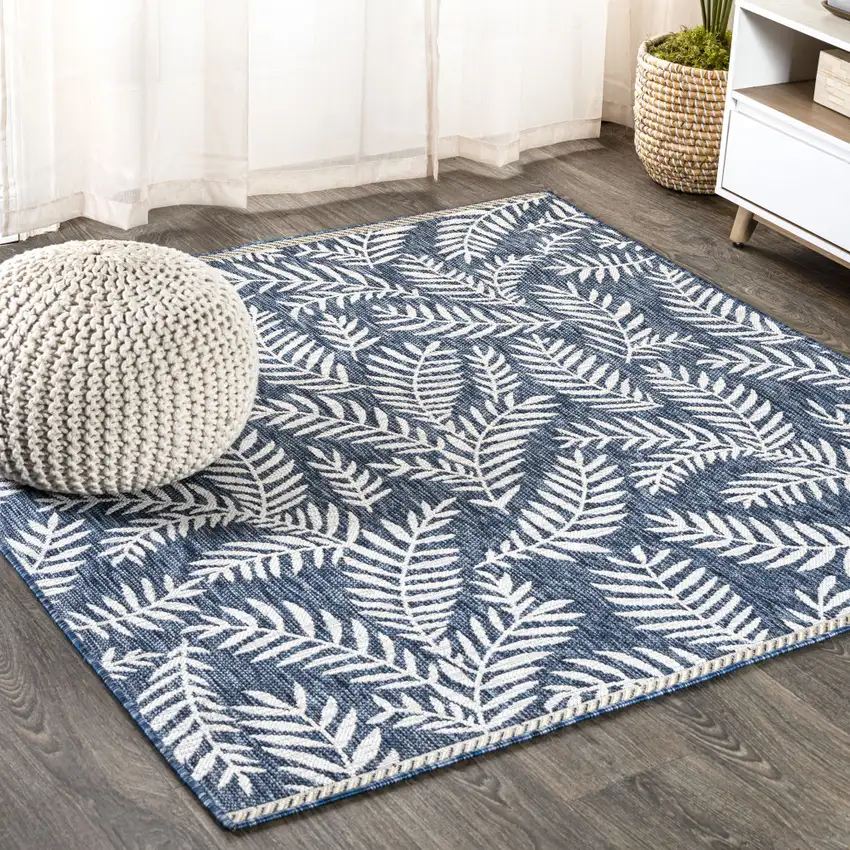 9' Navy Blue And Ivory Square Floral Indoor Outdoor Area Rug Photo 4
