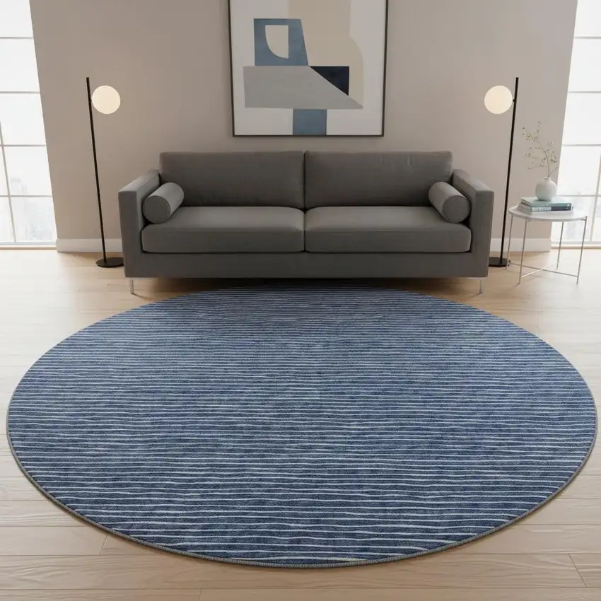 8' Navy Blue And Ivory Striped Washable Round Rug With UV Protection Photo 1