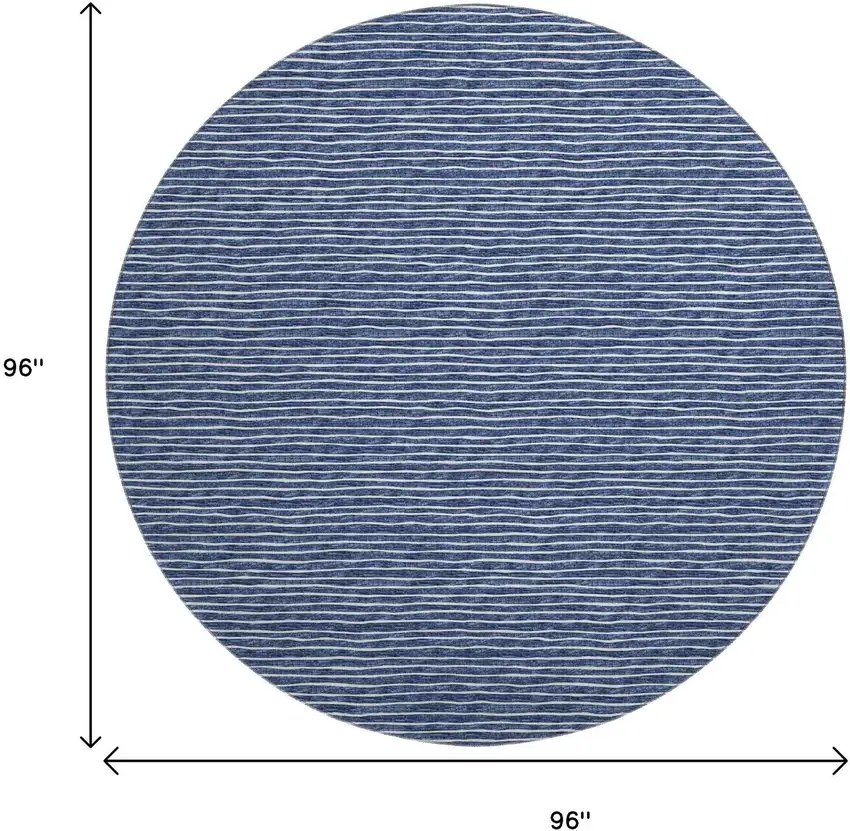 8' Navy Blue And Ivory Striped Washable Round Rug With UV Protection Photo 3