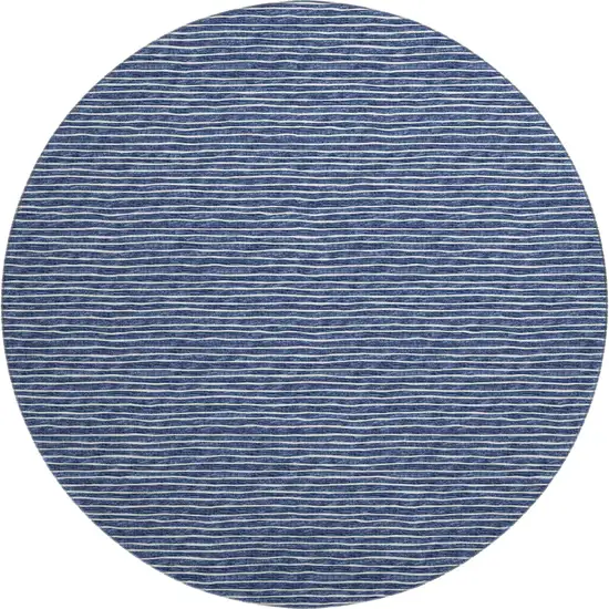 8' Navy Blue And Ivory Striped Washable Round Rug With UV Protection Photo 2