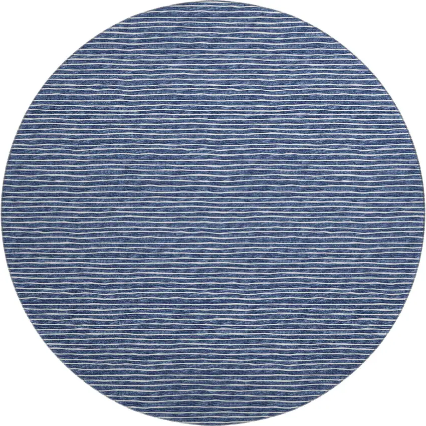 8' Navy Blue And Ivory Striped Washable Round Rug With UV Protection Photo 2