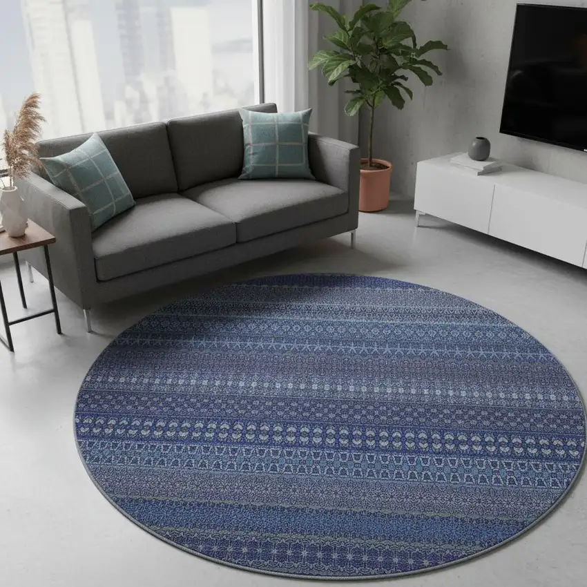 8' Navy Blue And Ivory Striped Washable Round Rug With UV Protection Photo 2