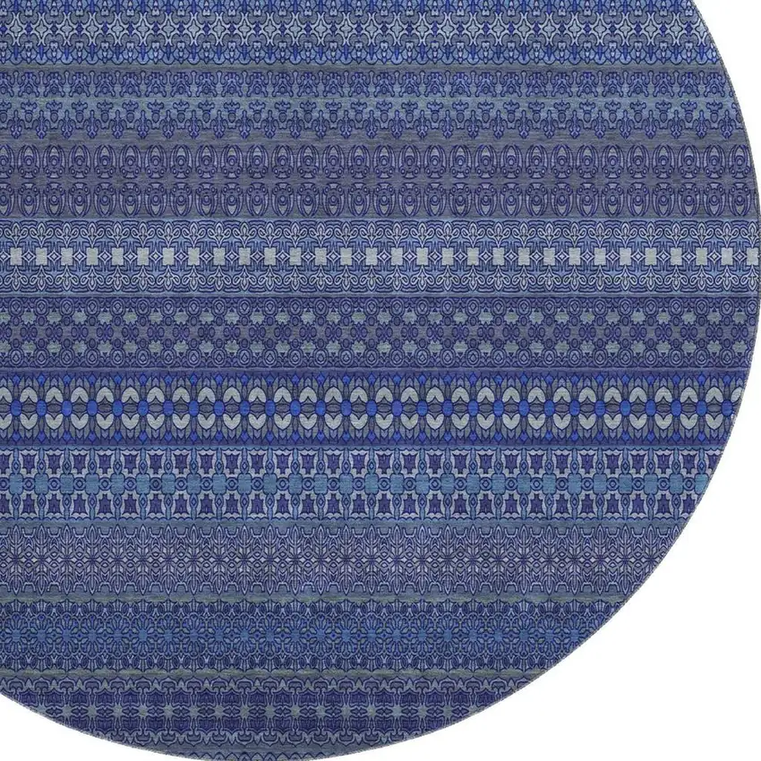 8' Navy Blue And Ivory Striped Washable Round Rug With UV Protection Photo 3