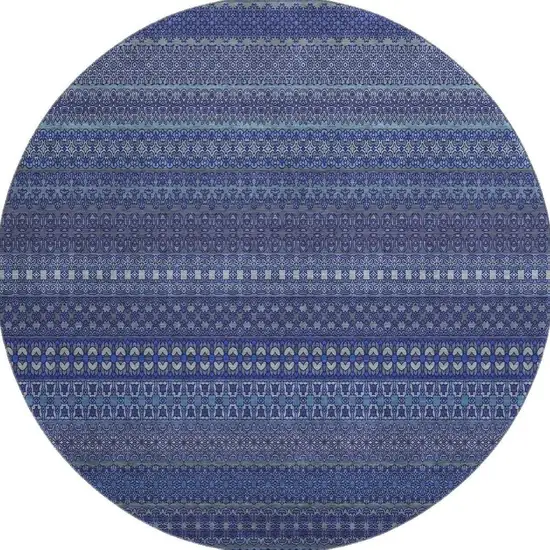 8' Navy Blue And Ivory Striped Washable Round Rug With UV Protection Photo 4