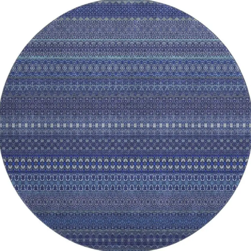 8' Navy Blue And Ivory Striped Washable Round Rug With UV Protection Photo 4