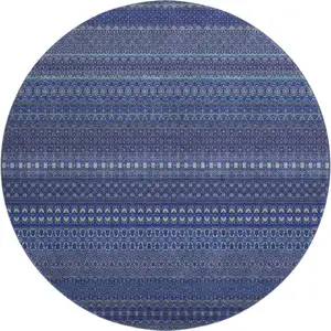Photo of 8' Navy Blue And Ivory Striped Washable Round Rug With UV Protection