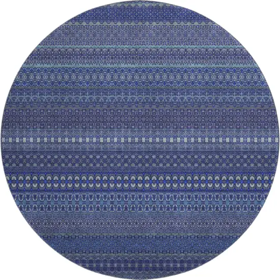 8' Navy Blue And Ivory Striped Washable Round Rug With UV Protection Photo 1