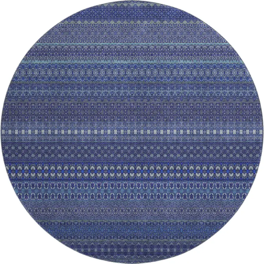 8' Navy Blue And Ivory Striped Washable Round Rug With UV Protection Photo 1