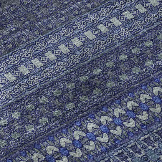 8' Navy Blue And Ivory Striped Washable Round Rug With UV Protection Photo 9