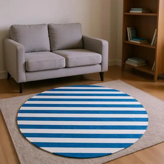 8' Navy Blue And Ivory Striped Washable Round Rug With UV Protection Photo 2