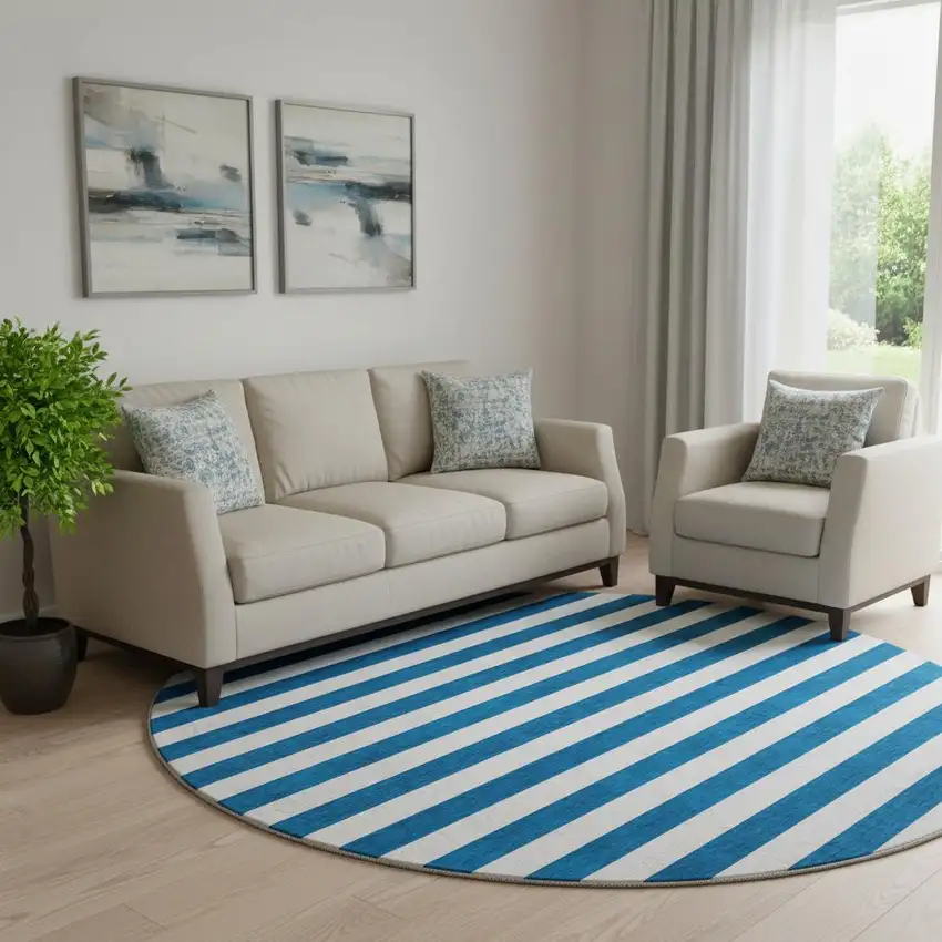 8' Navy Blue And Ivory Striped Washable Round Rug With UV Protection Photo 1