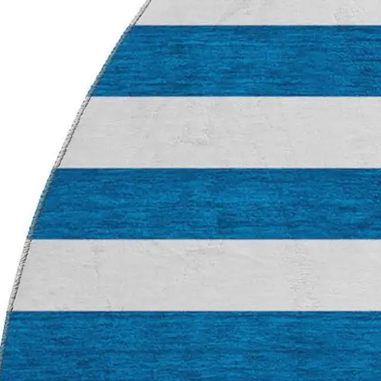 8' Navy Blue And Ivory Striped Washable Round Rug With UV Protection Photo 4