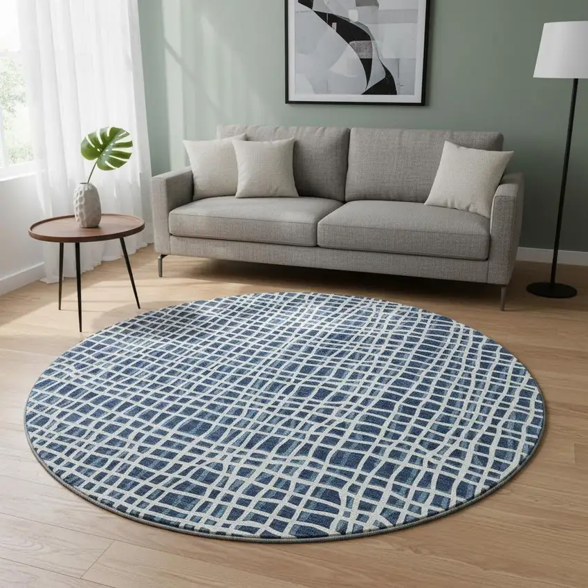 8' Navy Blue And Ivory Striped Washable Round Rug With UV Protection Photo 2