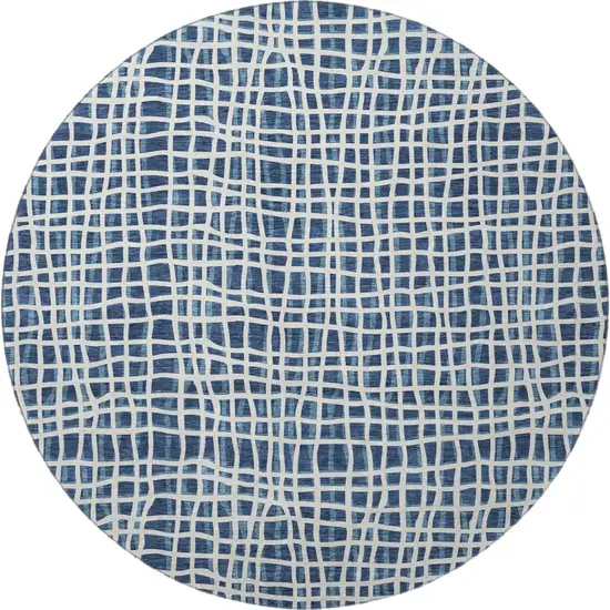 8' Navy Blue And Ivory Striped Washable Round Rug With UV Protection Photo 3