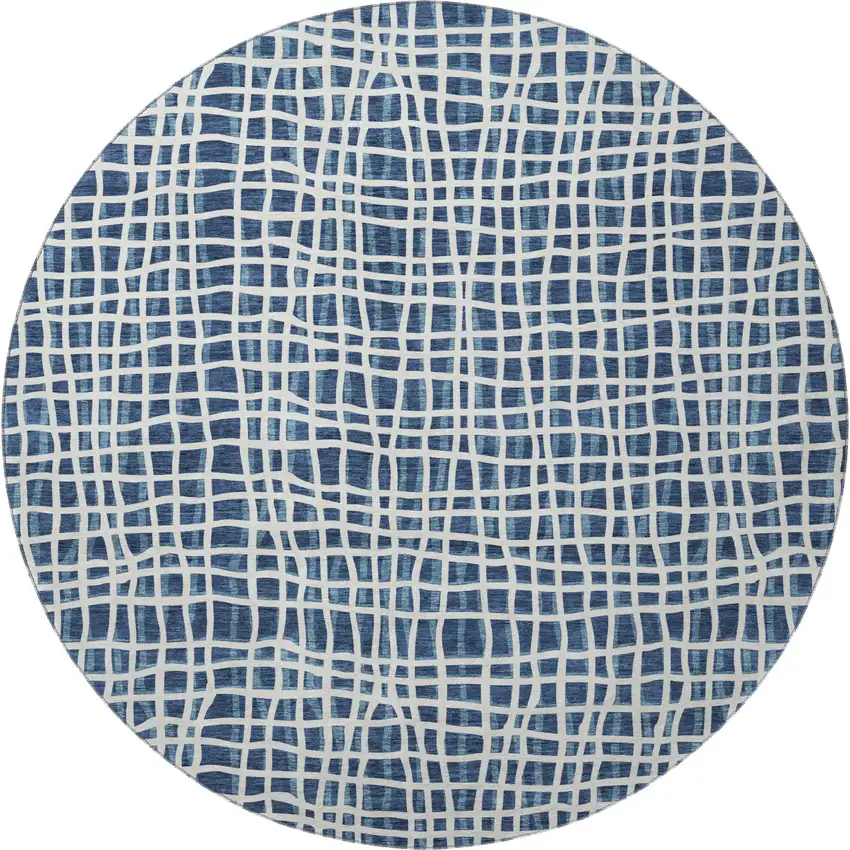 8' Navy Blue And Ivory Striped Washable Round Rug With UV Protection Photo 3