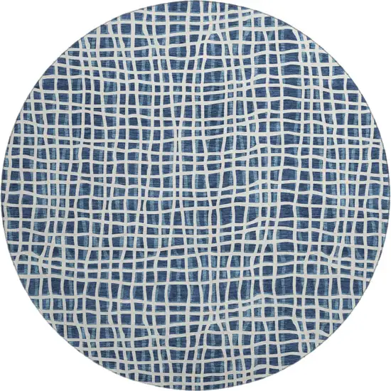 8' Navy Blue And Ivory Striped Washable Round Rug With UV Protection Photo 1