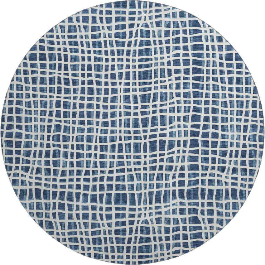 8' Navy Blue And Ivory Striped Washable Round Rug With UV Protection Photo 1