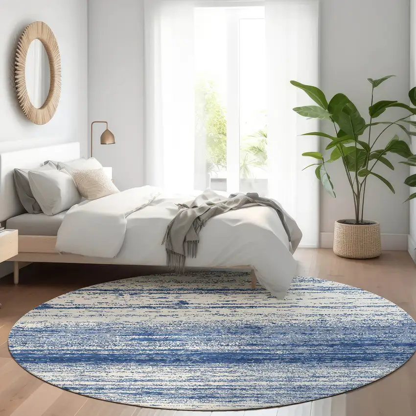 8' Navy Blue And Ivory Striped Washable Round Rug With UV Protection Photo 5