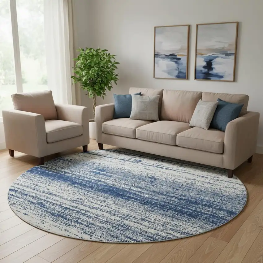 8' Navy Blue And Ivory Striped Washable Round Rug With UV Protection Photo 1