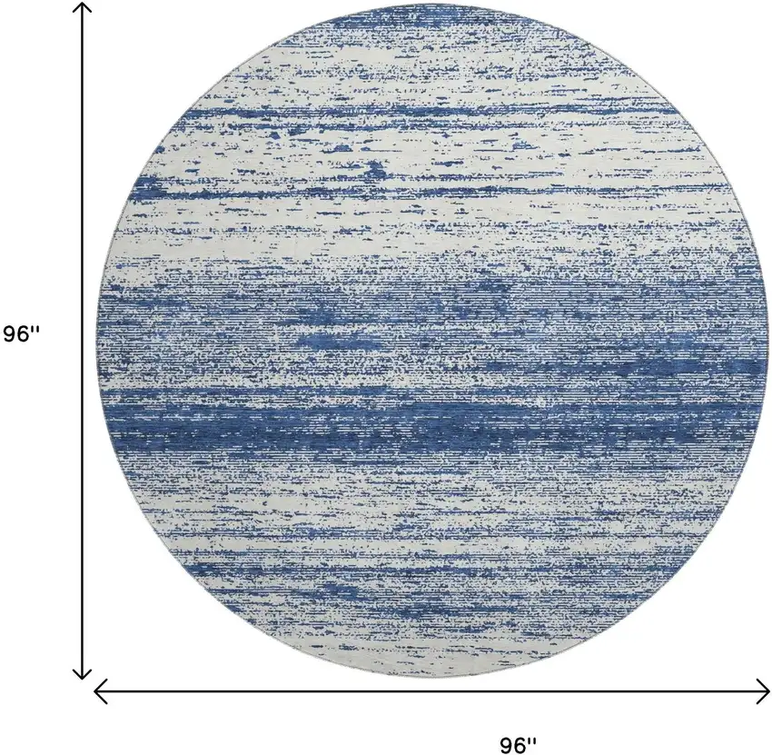 8' Navy Blue And Ivory Striped Washable Round Rug With UV Protection Photo 3