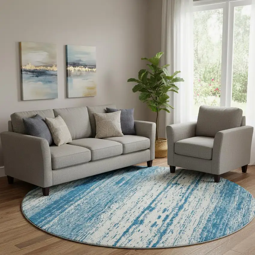 8' Navy Blue And Ivory Striped Washable Round Rug With UV Protection Photo 1