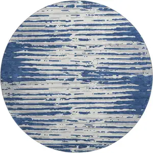 Photo of 8' Navy Blue And Ivory Striped Washable Round Rug With UV Protection
