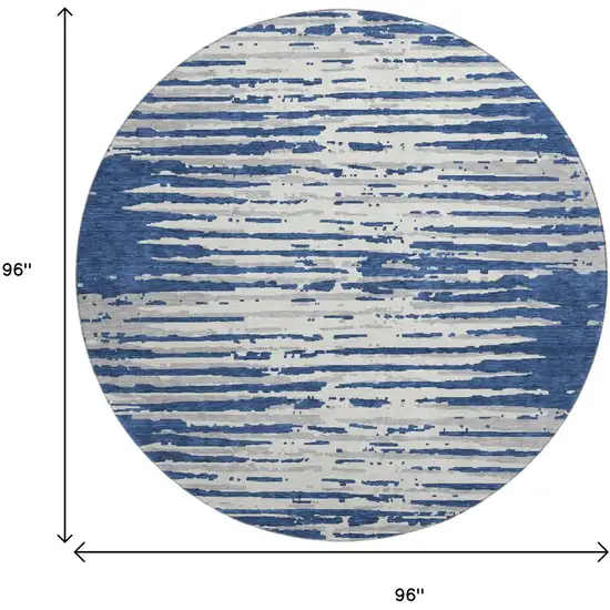 8' Navy Blue And Ivory Striped Washable Round Rug With UV Protection Photo 9