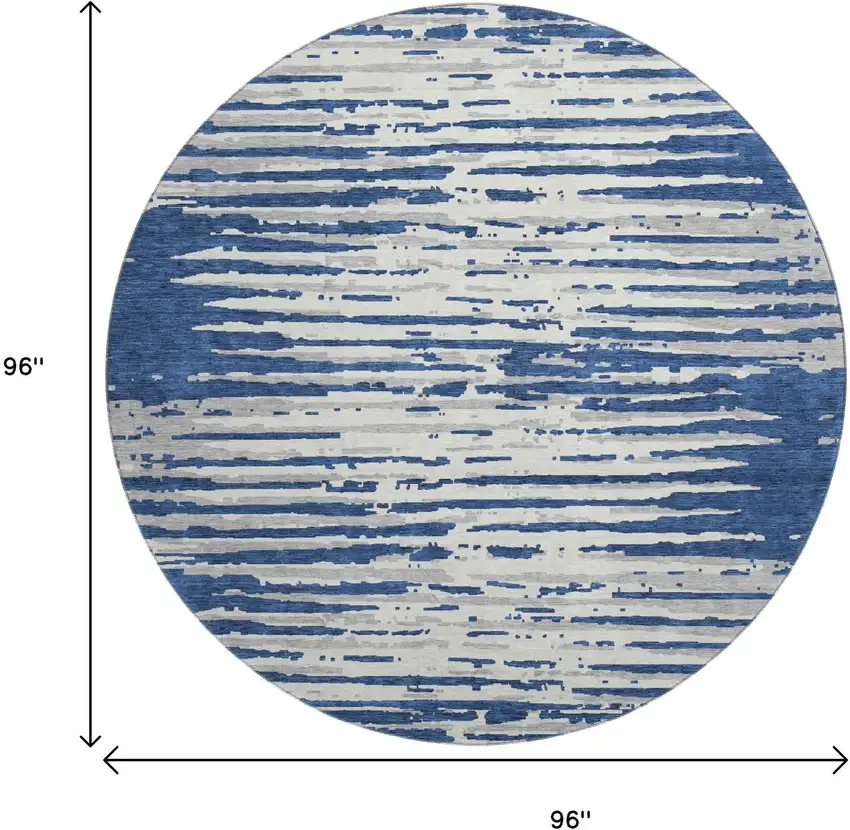 8' Navy Blue And Ivory Striped Washable Round Rug With UV Protection Photo 9
