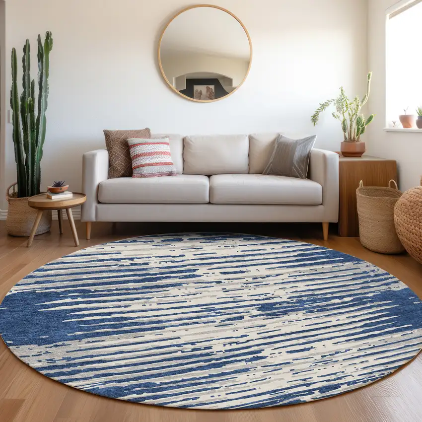 8' Navy Blue And Ivory Striped Washable Round Rug With UV Protection Photo 4