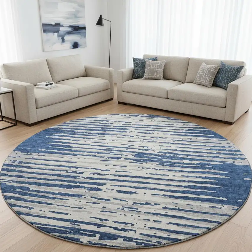 8' Navy Blue And Ivory Striped Washable Round Rug With UV Protection Photo 2