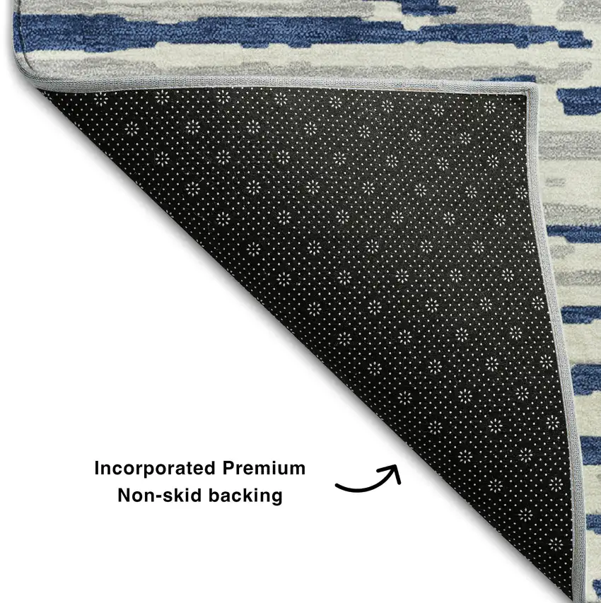 8' Navy Blue And Ivory Striped Washable Round Rug With UV Protection Photo 5