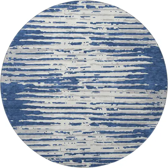 8' Navy Blue And Ivory Striped Washable Round Rug With UV Protection Photo 3