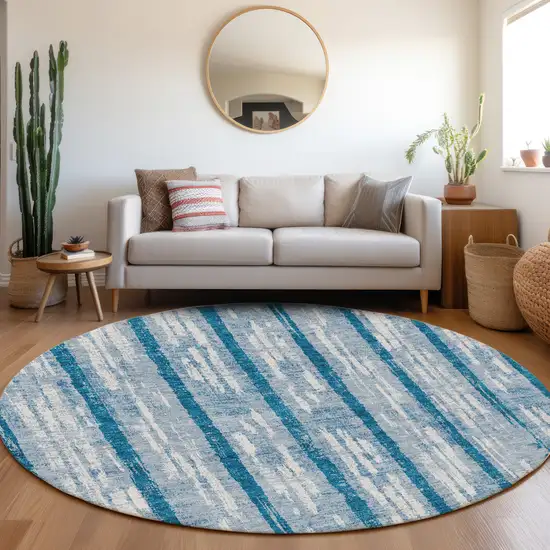 8' Navy Blue And Ivory Striped Washable Round Rug With UV Protection Photo 5